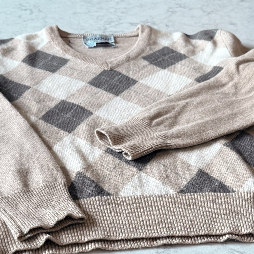Braemar Men's M Argyle Sweater Taupe Beige Cream Yellow 100% Scottish Lambswool
